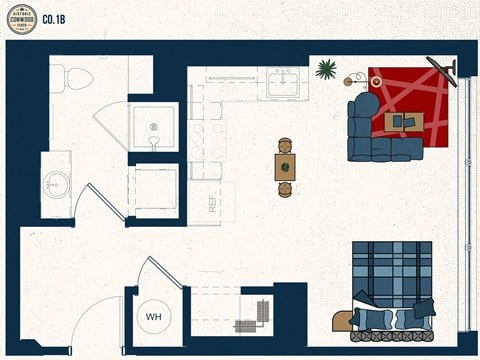 Floor plan for 1 bed, 1 bath, 444 sqft